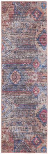 10' Blue and Red Geometric Power Loom Distressed Washable Runner Rug